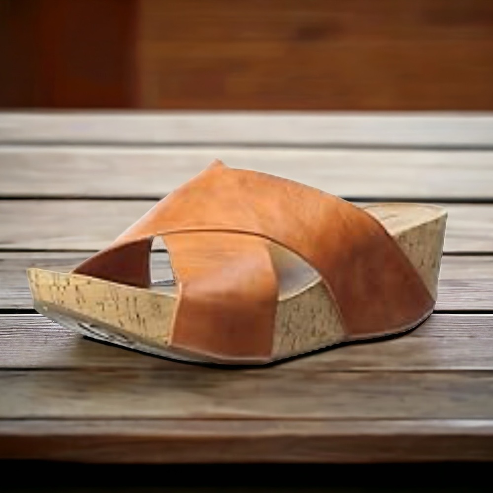 Womens Rust Leather Melissa Wedge Slide Sandals *Free Shipping